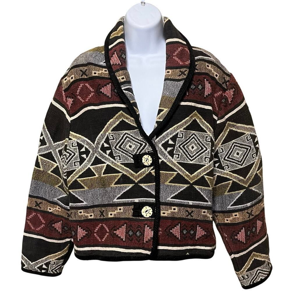 Vtg Agape Tapestry Aztec Cropped Jacket L Woven Boho Southwest Tribal India